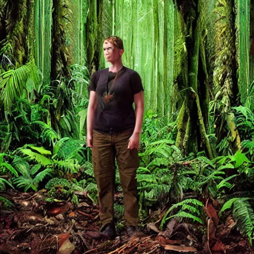 Image similar to a human researcher standing in the rainforest, post - apocalypse, cinematic