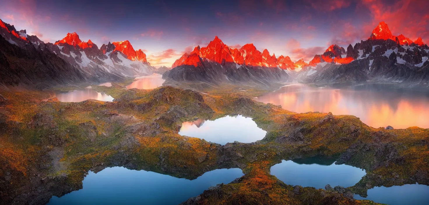 Image similar to amazing landscape photo of mountains with lake in sunset by marc adamus, beautiful dramatic lighting