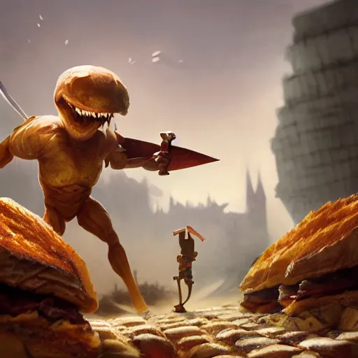 Image similar to battle toast, a slice of toasted bread with a face, arms and legs, holding a sword, volumetric lighting, dynamic composition, fantasy, hyper detailed, ultra realistic, sharp focus, octane render, concept art by sergey kolesov and ruan jia and heng z