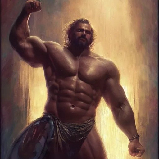 Prompt: handsome portrait of a norse mythology god bodybuilder posing, radiant light, caustics, war hero, hades supergiant, by gaston bussiere, bayard wu, greg rutkowski, giger, maxim verehin