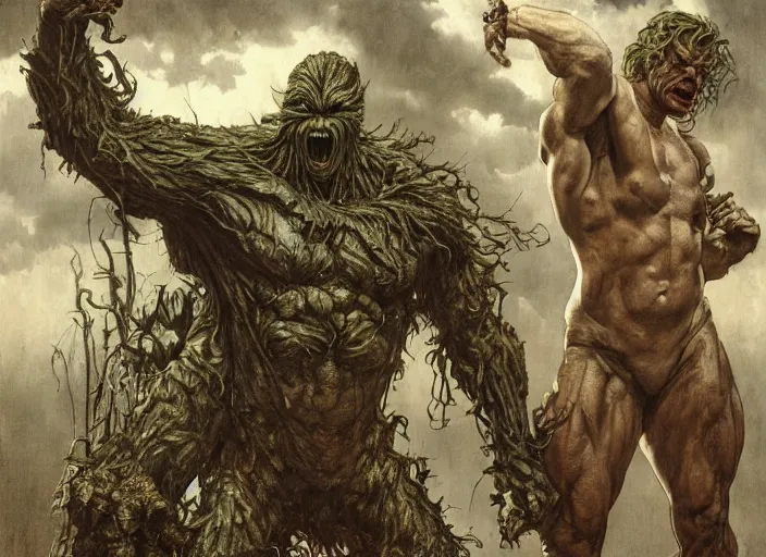 Prompt: renaissance grotesque full body portrait painting of angry bodybuilder swamp thing walking to the camera, camera puller back far, in a wasteland, landfill, elegant artwork by lee bermejo and greg rutkowski and alphonse mucha