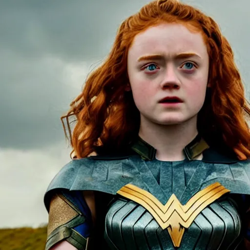 Prompt: film still of sadie sink playing wonder women, hd, 8 k, high resolution, cinematic, golden hour lighting, beautiful hair, holding golden whip, photorealistic, on a field, grey sky, shadows