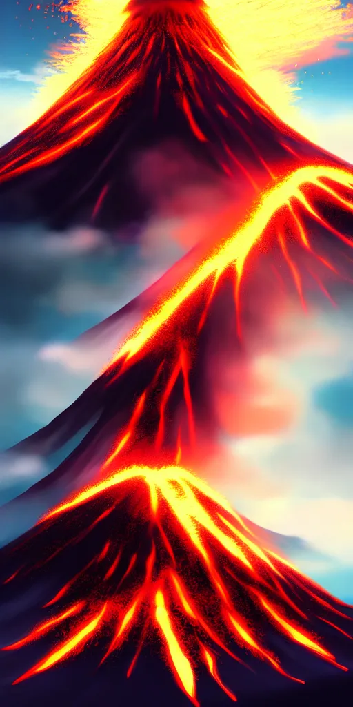 Prompt: volcano erupting. by nashimanga, anime illustration, anime key visual, beautiful anime - style digital painting by wlop, amazing wallpaper