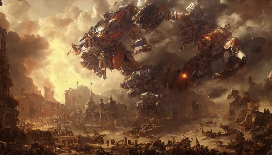 Prompt: 1 7 3 1's baroque painting of mecha destroying athens, hyperdetailed, artstation, cgsociety, 8 k