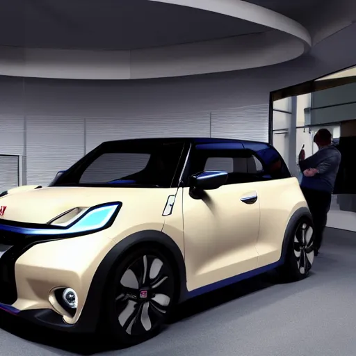 Prompt: high quality photo of new honda e mini concept car in showroom, cinematic lighting ,unreal engine, low DoF,