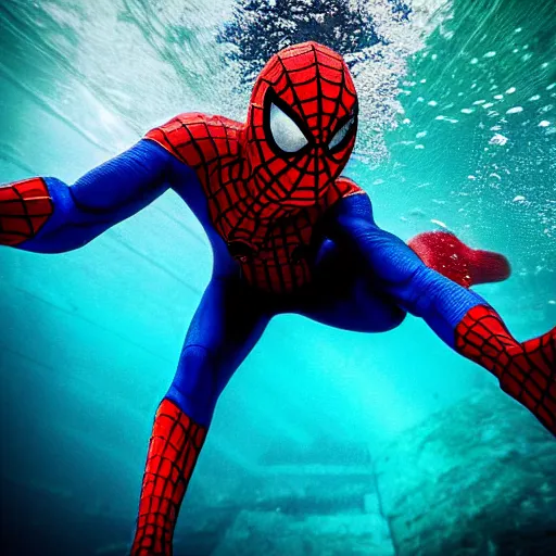 Image similar to underwater shoot photo of Spiderman , high detail , perfect photo