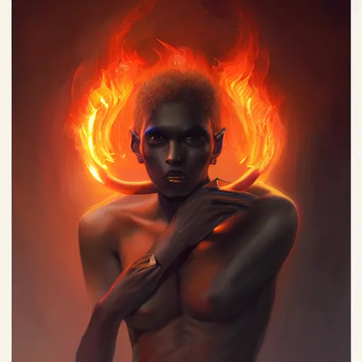 Image similar to a beautiful portrait of a flame god by Jim Burns and Tom Bagshaw, black skin, Trending on Artstation, Flaming Background