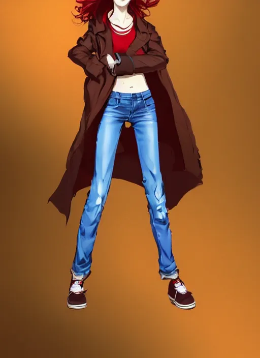 Prompt: full-body shot of an attractive tomboy girl with long, crimson red hair and red eyes, wearing a brown, open jacket and green jeans with a stern look, martial arts pose, concept art, character design, by WLOP, by Ross Draws, by Tomine, by Satoshi Kon, by Rolf Armstrong