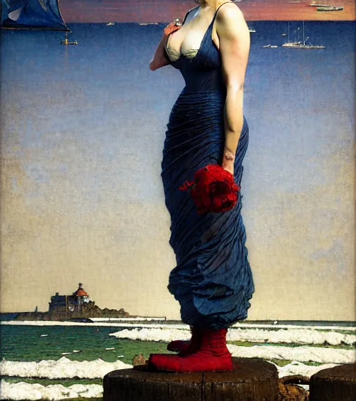 Image similar to a fancy beautiful young lady standing on a wharf at the edge of the sea by brom and gil elvgren and jean delville and william blake and norman rockwell and dan mumford, crisp details, hyperrealism, high detail, high contrast, low light, grey mist, cobblestones, dim lantern