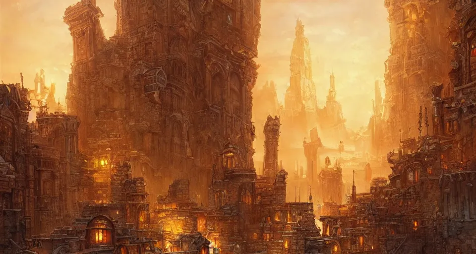 Image similar to ancient city of atlantis with big buildings in gold, fantasy, magical, cinematic, establishing shot, atmospheric lighting, extremely detailed, intricate, sharp focus, coherent, art style of marc simonetti, bowater charlie and brom gerald