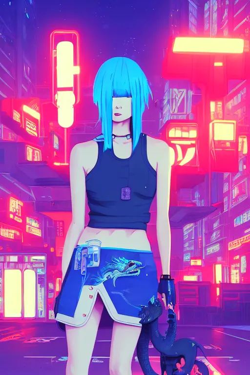 Image similar to digital illustration of cyberpunk pretty girl with blue hair, wearing a short mini skirt and tank top, with a cyberpunk dragon in city street at night, by makoto shinkai, ilya kuvshinov, lois van baarle, rossdraws, basquiat