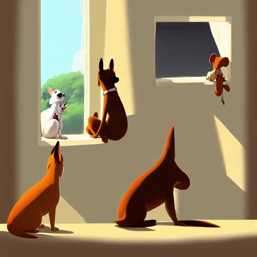 Image similar to Goro Fujita illustrating View from behind of a brown and white dog sitting, ears up and tail active, watching the living room window, art by Goro Fujita, sharp focus, highly detailed, ArtStation