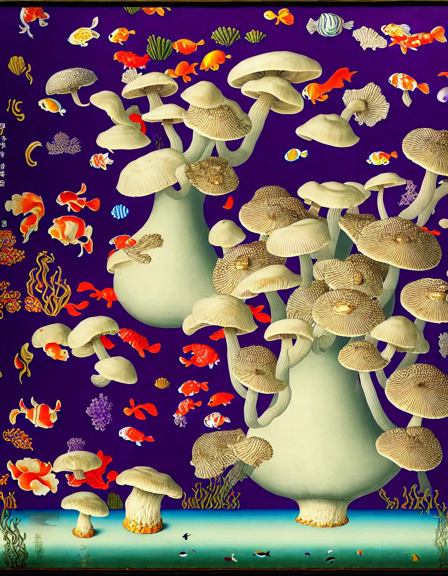 Prompt: vase of mushroom in the sky and under the sea decorated with a dense field of stylized scrolls that have opaque purple outlines, with koi fishes, ambrosius benson, oil on canvas, hyperrealism, light color, no hard shadow, around the edges there are no objects