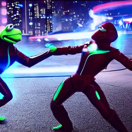 Image similar to a still from Tron:Legacy with kermit the frog in a disc battle