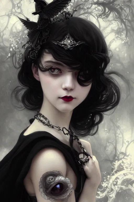 Prompt: portrait of radical lolita girl, dreamy and ethereal and dark, black eyes, silver short hair, smiling expression, ornate goth dress, dark fantasy, chaotic, elegant, black crows flying, highly detailed, digital painting, artstation, concept art, smooth, sharp focus, illustration, art by artgerm and greg rutkowski and alphonse mucha