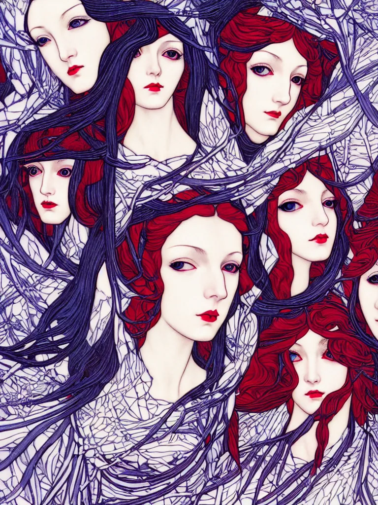 Prompt: triad of winter muses as december, january, and february, style mix of æon flux, shepard fairey, botticelli, ivan bilibin, john singer sargent, pre - raphaelite, shoujo manga, harajuku fashion, dormant nature, snow, ice, stark colors, superfine inking, ethereal, 4 k photorealistic, arnold render