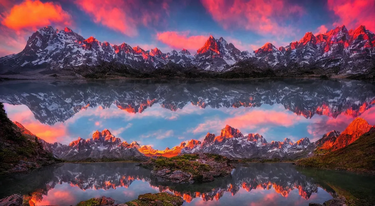 Image similar to amazing landscape photo of mountains with lake in sunset by marc adamus, beautiful dramatic lighting