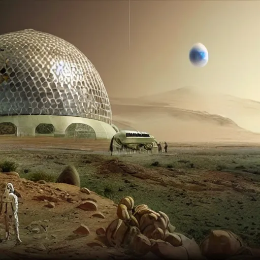 Prompt: A photorealistic image of the colonization of Mars, circa 2050, featuring large bio-domes filled with vegetation while the surface of Mars has many futuristic-looking buildings dotting the landscape, several people in space suits are outside