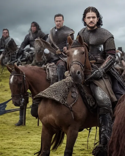 Image similar to kit harington as Uhtred of Bebbanburg, on horseback, ready to lead his men into battle, in the last kingdom, 4k tv still, cdx