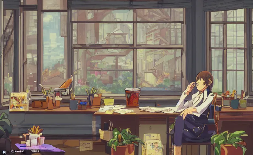 Image similar to Anime Character sitting and relaxing in front of their work desk in their cozy room as a peaceful rainy city scene is seen through the room's window. Smooth Highly detailed masterpiece pixel-art. in the style of Close Highly detailed masterpiece professional artistry Sega, Namco, Neogeo, Capcom artist's Pixel-art. Trending on artstation. Slice-of-life genre art. Balanced colors and lighting scheme by James Gurney and artgerm. In the style of a 'Music to chill/study' to youtube video.