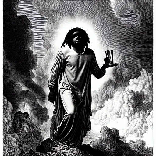 Image similar to chief keef ascending into heaven holding cup of lean and blunt, smoke surrounding subject, biblical image, style of gustave dore, highly detailed, beautiful, high contrast