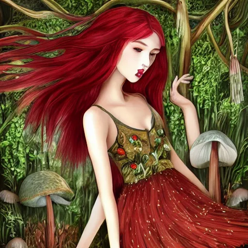 Prompt: Girl, long red hair, short bangs, in a beautiful skirt made of leaves with dewdrops on them, clothes, tiny mushrooms and forest on a dress, mushrooms decoration on the dress, on the background of a magickal forest, Designer clothes, vouge photo, fashion style, fullbody, in full growth, intricate, elegant, highly detailed, artstation, concept art, smooth, sharp focus, illustration, art by greg rutkowski and orientalism and bouguereau and Zdzislaw Beksinski, good clear quality, lighting, biology, symmetrical artwork, perfect face, 135 mm, cinematic, hyper realism, high detail, octane render, 8k, chrome accents