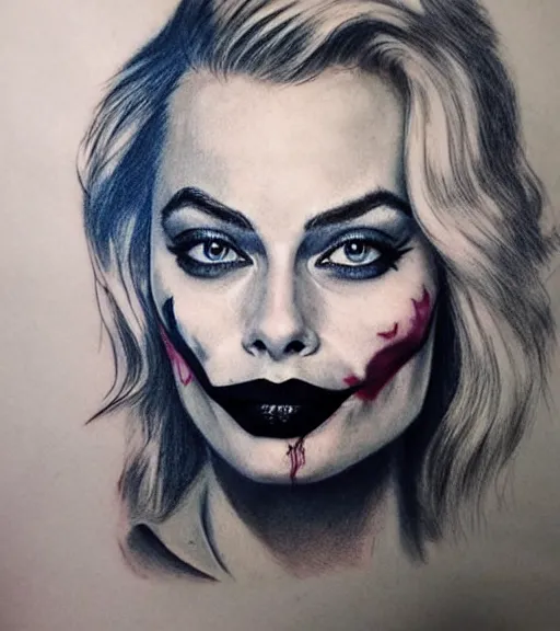 Prompt: tattoo design sketch of beautiful margot robbie portrait with joker makeup, in the style of den yakovlev, realistic face, faded, black and white, realism tattoo, hyper realistic, highly detailed, faded drawing