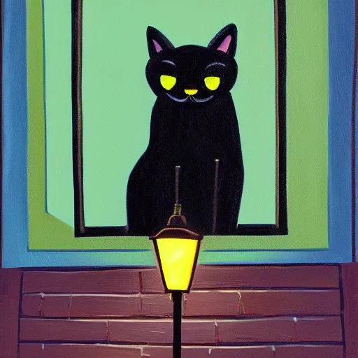 Image similar to stylized oil painting of a black cat with green eyes sitting on a city street at night, illuminated by a street light