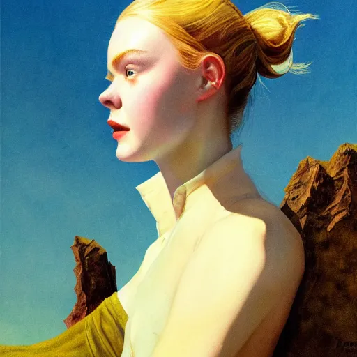 Prompt: Elle Fanning in the painted world of Bruce Pennington, head and shoulders masterpiece, apocalypse, golden hour, cosmic horror, artstation, in the style of Andrew Wyeth and Edward Hopper and Bosch, extremely detailed