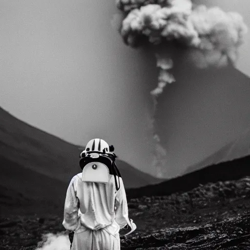 Image similar to a wolf with white suit, she wear gasmask, in volcano, standing close to volcano, fire raining, professional photography, black and white, cinematic, eerie