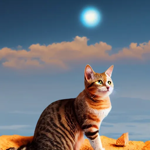 Prompt: cat stranded on an empty planet with colorful nature, 4k