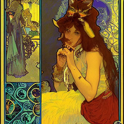 Image similar to a posters of Gypsy lady doing tarot card reading inside a gypsy caravan surrounded by cats in art nouveau from 1878, Alphonse Mucha, decorative panels, yellow paper, soft outline