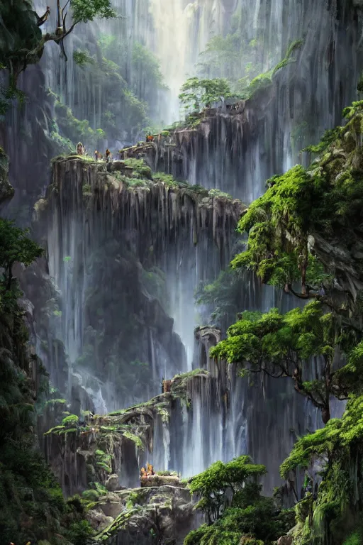 Image similar to carved into a Mountain a temple above a waterfall, arches adorned pillars, archways, gnarly trees, lush vegetation, forrest, a small stream runs beneath the waterfall, landscape, raphael lacoste, eddie mendoza, alex ross, concept art, matte painting, highly detailed, rule of thirds, dynamic lighting, cinematic, detailed, denoised, centerd