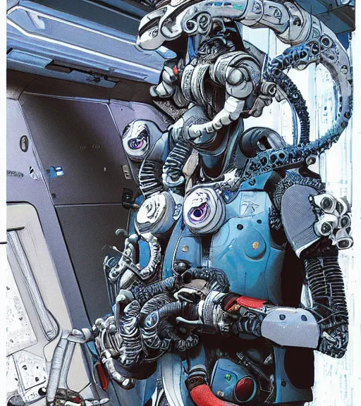 Image similar to a cybernetic realistic octopus in a space station, techwear, Industrial Scifi, detailed illustration, character portrait, by Ashley Wood and Moebius