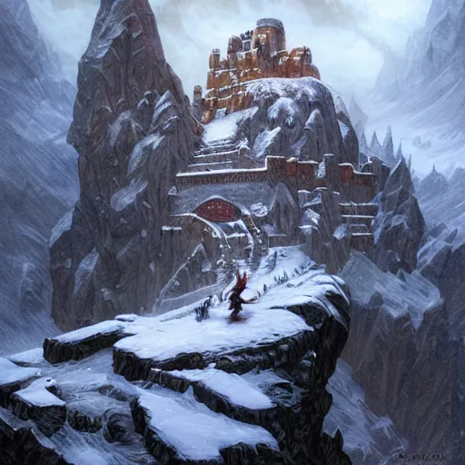 Prompt: snowy mountaintop with entrance to dwarven fortress with statues of dwarves, snowstorm, dark fantasy, intricate, elegant, highly detailed, digital painting, artstation, concept art, smooth, sharp focus, illustration, art by artgerm and greg rutkowski and alphonse mucha