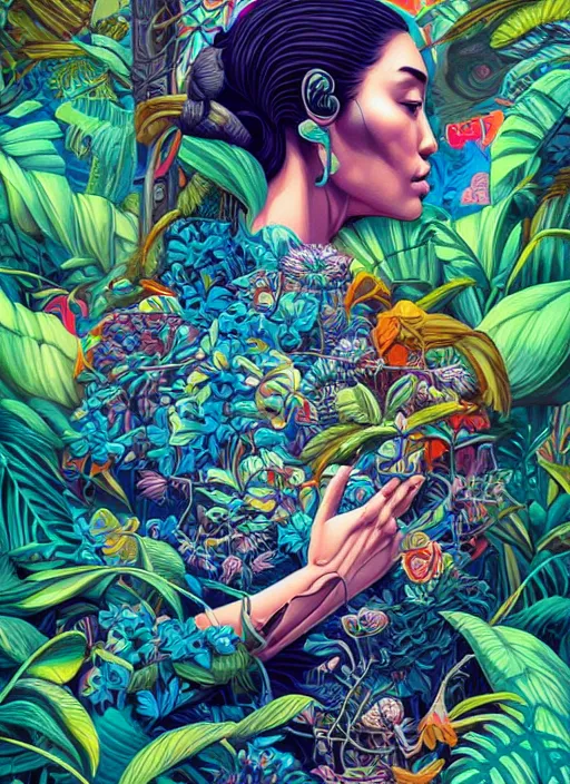 Prompt: brain in a jungle temple, tristan eaton, victo ngai, artgerm, rhads, ross draws, hyperrealism, intricate detailed