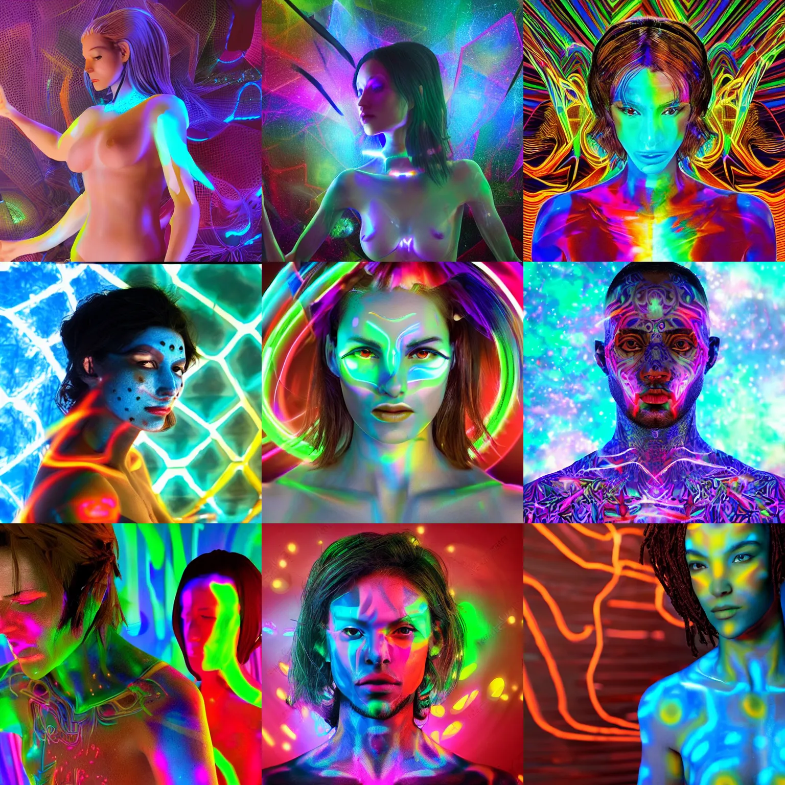 Prompt: sexy and beautiful angled shot of an extremely pretty and hot man or woman with dark or brown or light skin, with glowing painted psychedelic art covering his body. an avatar designed by an ai to represent his or her form to humans attractively
