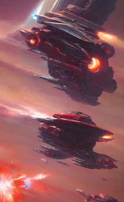 Image similar to a beautiful artwork illustration, a red metallic spaceship flying interstellar hyperdrive, by greg rutkowski and jesper ejsing and raymond swanland, featured on artstation, wide angle, vertical orientation