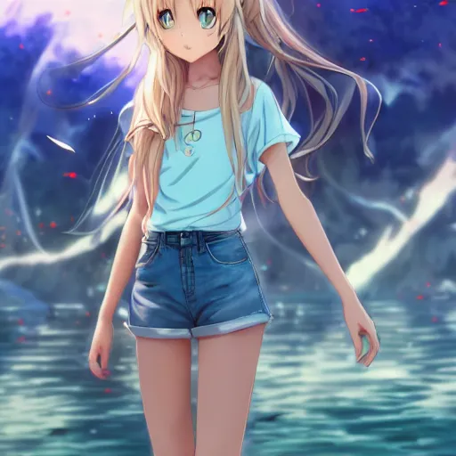 Image similar to a very beautiful anime girl, full body, long wavy blond hair, sky blue eyes, full round face, short smile, cute top, short jeans, summer lake setting, cinematic lightning, medium shot, mid-shot, highly detailed, trending on Artstation, Unreal Engine 4k, cinematic wallpaper by Stanley Artgerm Lau, WLOP, Rossdraws, James Jean, Andrei Riabovitchev, Marc Simonetti, and Sakimichan