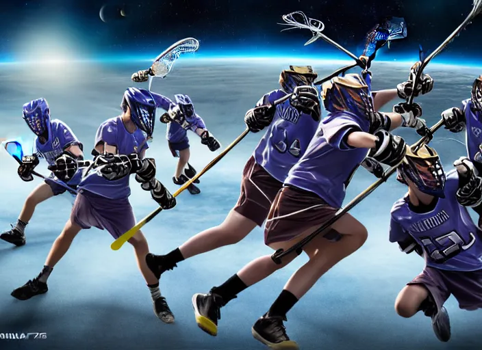 Image similar to lacrosse team versus chitauri, playing intergalactic championship, in space, highly detailed, 8k, intricate, sony a7r iv 55mm, award winning.