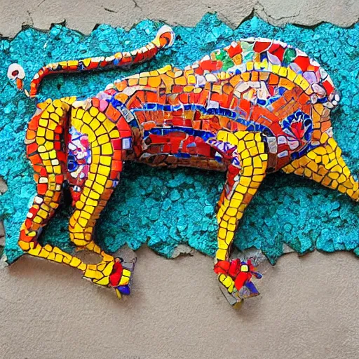 Prompt: mosaic sculpture of a alebrije chimera!!!, irregularly shaped mosaic tiles, in the style of folk art, in a cottagecore flower garden