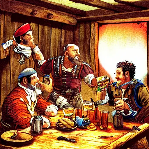 Image similar to Three important pirates drinking grog in a tavern table 16 bit computer art