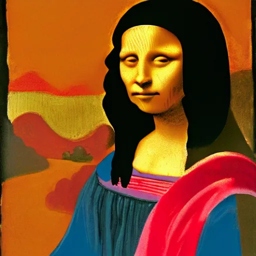 Image similar to an Afro American girl as Mona Lisa by Jacob Lawrence