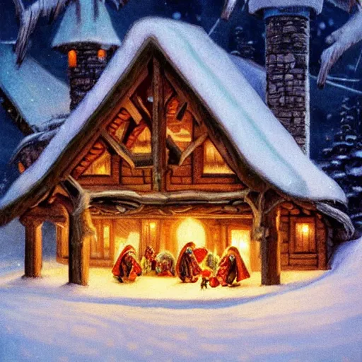 Image similar to many dwarves in front of a warm cabin in the snow, winter wonderland, cozy, nostalgia, Christmas, warmness, artwork in the style of Alan Lee