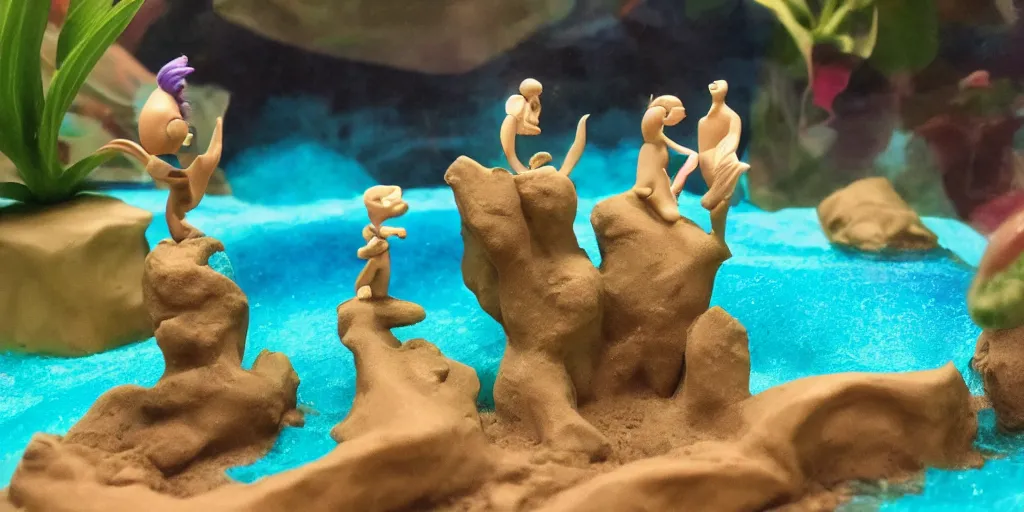 Prompt: plasticine model in water. siamese fighting fish. clay figure. tropical fish tank with sand. astrix and obelisk. tintin. hands. wallace and gromit. figures clay. aquatic photography.