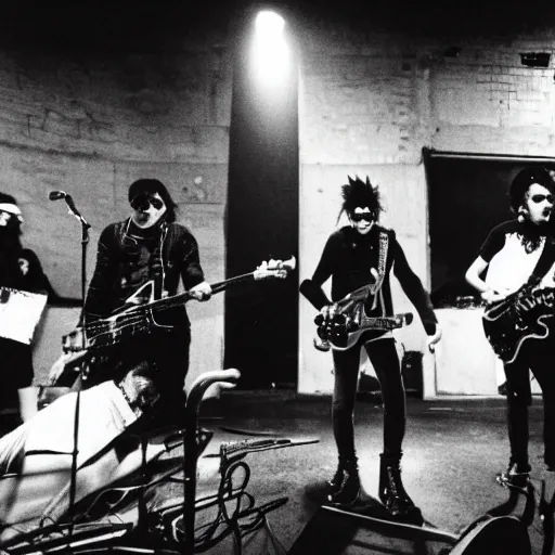 Prompt: punk band goths performing in a vast underground bunker, berlin 1 9 8 2, grainy high contrast black and white