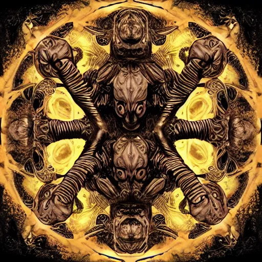 Image similar to 4K headshot of godlike Shub-Niggurath with defined arms and open hands and bloody clothes with giant mandala wings , intricate face , flawless anime cel animation by Kentaro Miura, psychedelic , highly detailed upper body , professionally post-processed , beautiful, scary, symmetry accurate features, epic, octane rendered, anime masterpiece, accurate