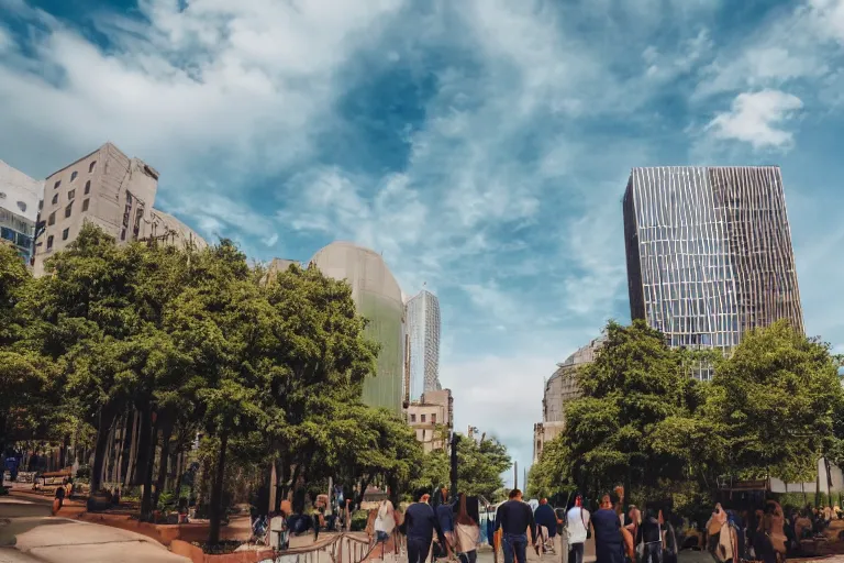 Prompt: a cinematic wideangle photograph of people walking through a utopian city walkway on top of buildings, green plants, blue sky, beautiful lighting, ultra realistic