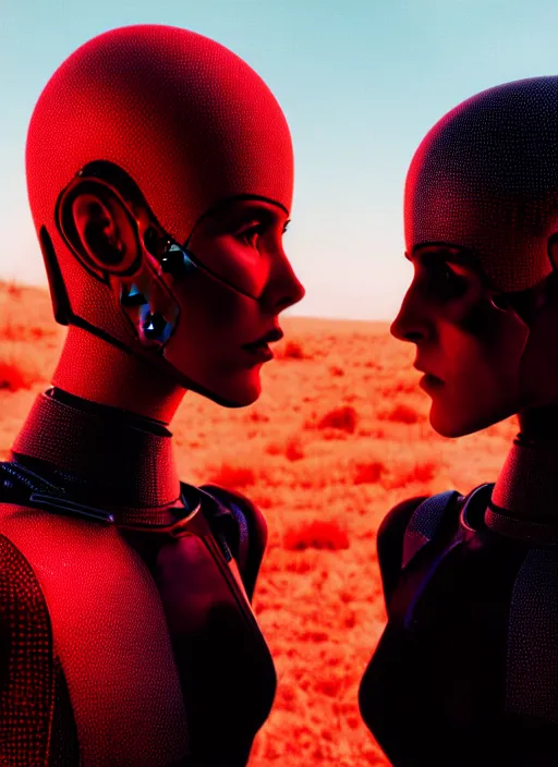 Image similar to cinestill 5 0 d photographic portrait of two loving female androids wearing rugged black techwear on a desolate plain with a red sky in front of a brutalist structure, extreme closeup, cyberpunk style, dust storm, 8 k, hd, high resolution, 3 5 mm, f / 3 2, ultra realistic faces, ex machina