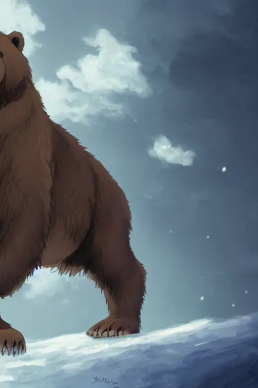 Prompt: overweight brown bear with noticeable muscle, fursona, anthro, male, detailed fur, anime key visual, makoto shinkai, portrait